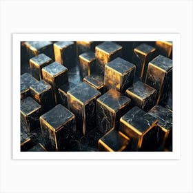 3d Art Golden Lines And Pattern Cubes On Black Marble 1 Art Print