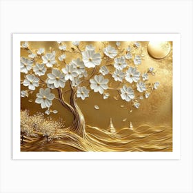 3d Art Golden Tree With White Flowers 5 Art Print