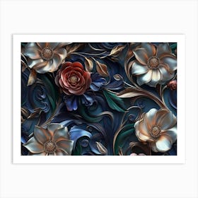 A Beautiful 3d Luxury Floral Seamless Pattern Background, Colorful 3d Abstraction Art Print