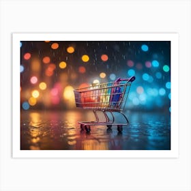 A Shopping Cart Filled With Colorful Shopping Bags Stands On A Wet, Reflective Surface, Rain Falling In Front Of A Blurred Background Of Colorful City Lights Art Print