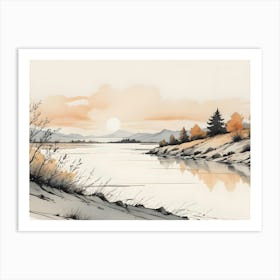 Watercolor Painting Of A Landscape With A River, Mountains, And Trees Art Print