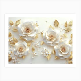 3d White Roses On A White Background, Golden Leaves Elegant Floral Pattern 1 Art Print