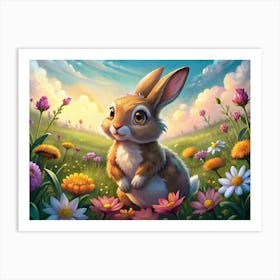 A Cute Bunny Rabbit Standing In A Field Of Colorful Wildflowers, Looking Up At The Sun Art Print