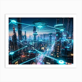 A Digital Painting Of A Globally Networked Cityscape Futuristic Ai Central Node Glowing With Connec (4) Art Print