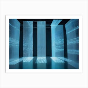 An Empty Room With Several Large, Glowing Panels That Display Abstract Patterns Of Light And Lines, Creating A Futuristic And Ethereal Aesthetic Art Print