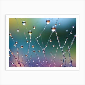 Close Up Image Of Water Droplets On A Spider Web, With A Blurred Background Of Colorful Foliage Art Print