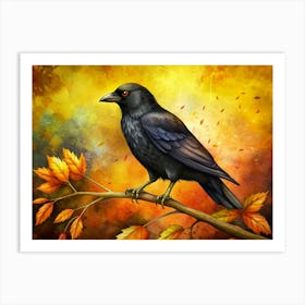 Black Crow Sitting On A Branch With Autumn Leaves Art Print