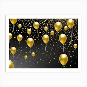 A Collection Of Gold Balloons Floating Against A Black Background With Gold Confetti, Creating A Festive And Celebratory Atmosphere Art Print