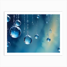 A Digital Illustration Of Water Droplets Suspended In The Air Against A Blue And Green Background Art Print