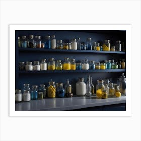 An Image Of A Shelf In A Kitchen Or Pantry Filled With Glass Jars Containing Spices And Other Food Items Art Print