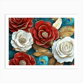 3d Seamless Pattern Diamond Painting White, Crimson, Turquoise and Golden Roses Flowers Art Print