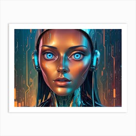 Close Up Portrait Of A Cyborg Woman With Golden Skin And Bright Blue Eyes Art Print