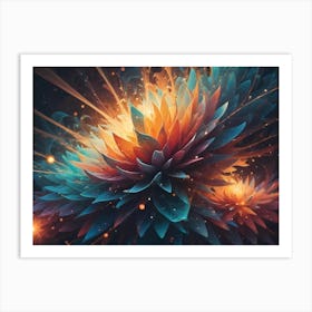 Two Large, Abstract Flowers In Shades Of Orange, Blue, And Purple Bloom With Glowing Light And Sparkles Against A Dark Background Art Print