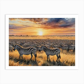 Under the Watchful Acacia Trees Herd Of Zebras At Sunset Art Print