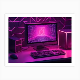 A Computer Setup With A Monitor Displaying A Futuristic, Glowing Tunnel With A Geometric Shape In The Center Art Print