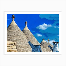 Trulli Houses in Italy. The image showcases a close-up view of several traditional Trulli houses, characterized by their distinctive conical roofs made of dry-stacked limestone. The roofs are adorned with whitewashed finials, adding a touch of elegance to the rustic architecture. The houses are bathed in warm sunlight, casting soft shadows on the stonework. 1 Art Print