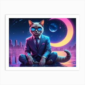 A Stylish Cat Wearing A Suit And Sunglasses Sits In A Meditative Pose On The Surface Of Water 1 Art Print