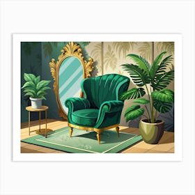 Green Velvet Armchair In A Luxurious Living Room 1 Art Print