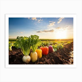 A Variety Of Fresh Vibrant Vegetables Sprouting From Rustic Soil Bathed In The Golden Hour Sunligh Art Print