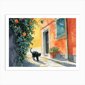 Black Cat In Rimini, Italy, Street Art Watercolour Painting 2 Art Print