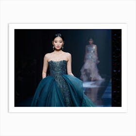 Asian Woman Posing Effortlessly In Haute Couture High Fashion Runway Walk Lavish Fabrics Cascading (2) Art Print