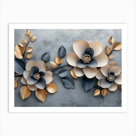 3d Featuring a Minimalistic Floral Design with Modern Flowers Against a Gray Background Adorned Art Print