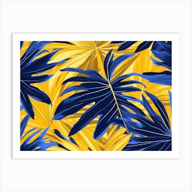 Tropical Leaves Canvas Print, Bold of yellow and blue colors, Living room decor, 1318 Art Print