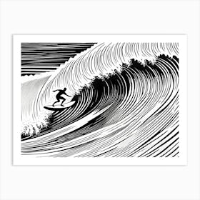 Linocut Black And White Surfer On A Wave art, surfing art, 2 Art Print