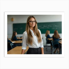 Attractive beautiful woman, young teacher in the classroom 1 Art Print