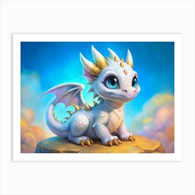 White Dragon With Golden Horns And Wings On A Rock Against A Blue Sky Art Print