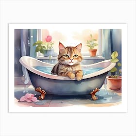 Cute Cat In The Bath Watercolor Art Art Print