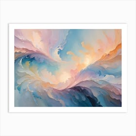 Abstract Image Of Swirling, Flowing Shapes In Shades Of Pink, Blue, And Yellow Against A White Background Art Print