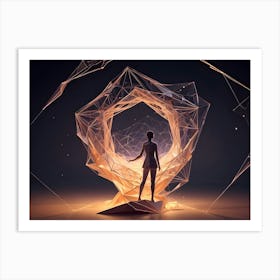 A Woman In A Business Suit Standing On A Platform Surrounded By A Glowing, Geometric Structure Art Print