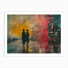 Temporal Resonances: A Conceptual Art Collection. Two People Walking In The Rain Art Print