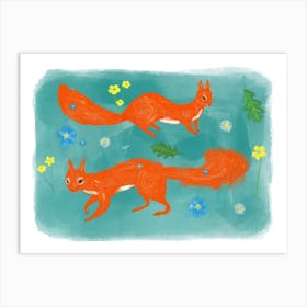 Red Squirrels And Wildflower Art Print