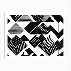 Retro Inspired Linocut Abstract Shapes Black And White Colors art, 220 Art Print