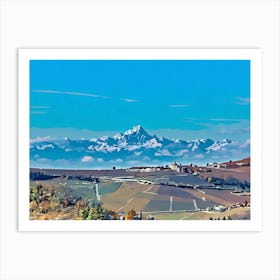 Monviso and Langhe. A breathtaking view of snow-capped Alpine peaks dominating the horizon, with a vibrant rural landscape in the foreground. Rolling fields, vineyards, and charming villages with historic churches create a serene and picturesque scene. The vivid blue sky adds to the tranquility and grandeur of the setting Póster