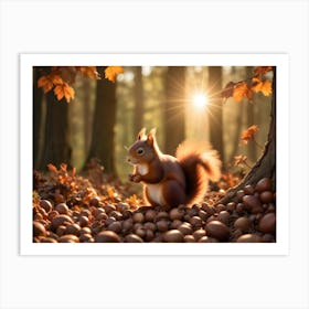 Red Squirrel Sitting On A Log Surrounded By Acorns In A Forest 8 Art Print