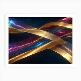 Interwoven Gold Ribbons Interact With Electric Blue And Purple Energy Streams, Creating A Dynamic Abstract Composition Art Print