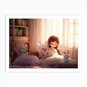 Chibi Girl Smiling Nestled Among Plush Pillows In A Cozy Bedroom Sunbeams Filtering Through Sheer Art Print