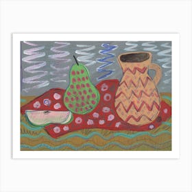 Still Life In Ochre Red Green - naive hand painted food kitchen vase pear Art Print