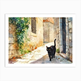 Split, Croatia   Cat In Street Art Watercolour Painting 2 Art Print
