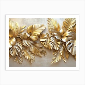 Gold Floral Plants And Palm Leaves 3d Illustration, Grey Background, Abstract Tropical Leaves, Banana Leaves 2 Art Print