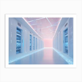 A Server Room With Rows Of Metal Servers Lined Up In A White Room With Blue Lights Art Print