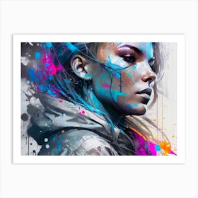 Beauty In Rain Coat Portrait -Acid Wash Effect Color Splash Painting Art Print