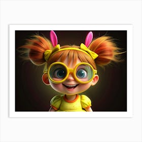 3d Cartoon Illustration Of A Happy Girl With Bunny Ears And Yellow Glasses Art Print