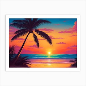 A Tranquil Beach At Sunset Horizontal Illustration 15 Art Print