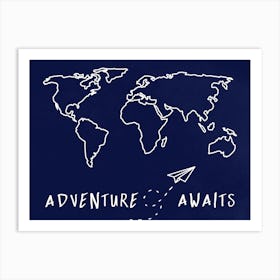Adventure Awaits Vintage World Travel Map Blue Art Print