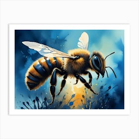 Realistic Painting Of A Honeybee In Flight Against A Blue And Orange Background Art Print