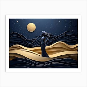 Woman Body Silhouette Standing On Golden Dunes 6 Art Print